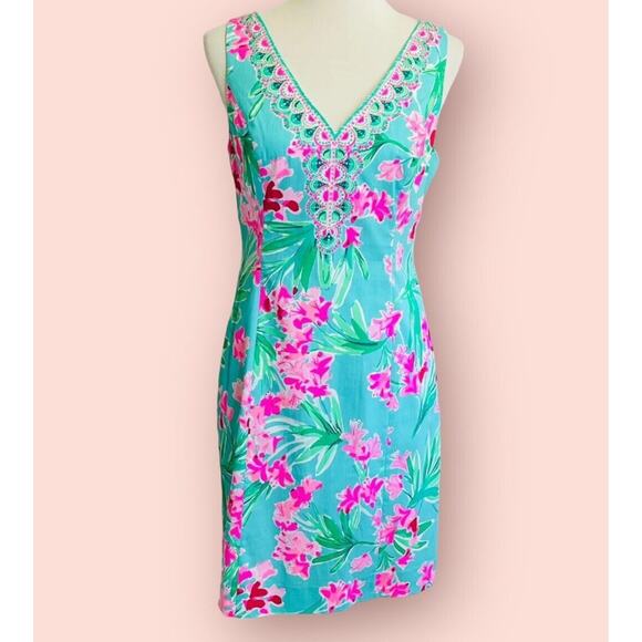 Lilly Pulitzer Dress Sz 00 Veya Aqua Al Fresco Isn't She Lovely Sleeveless Shift - Picture 1 of 12